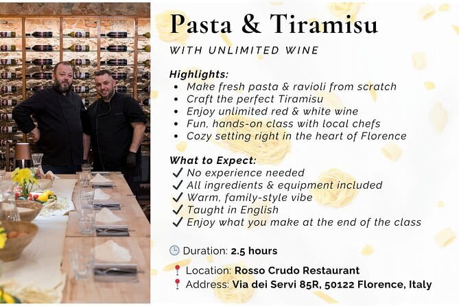 Florence: Pasta & Tiramisu Cooking Class with Unlimited Wine - Rolling fresh pasta with practical guidance