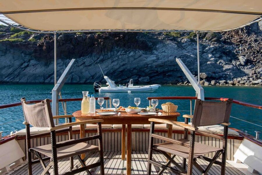 Santorini: Traditional Wooden Boat Tour with Meal and Wine - Thirassia Island and the best time for snorkeling